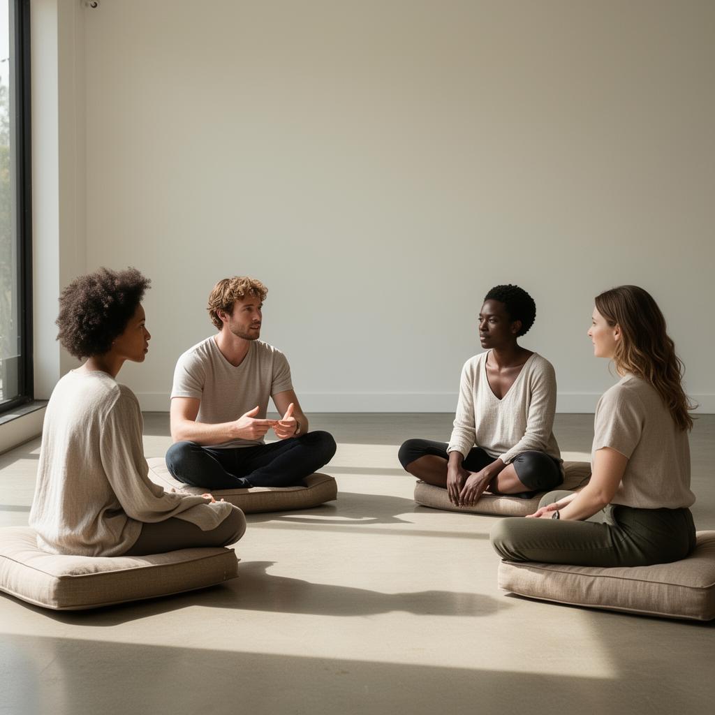 A small group coaching circle on cushions in a sunlit studio