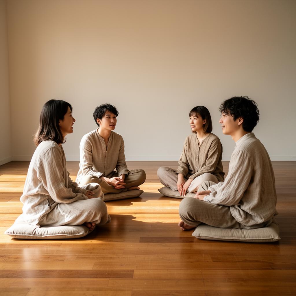 A small group coaching circle on cushions in a sunlit studio