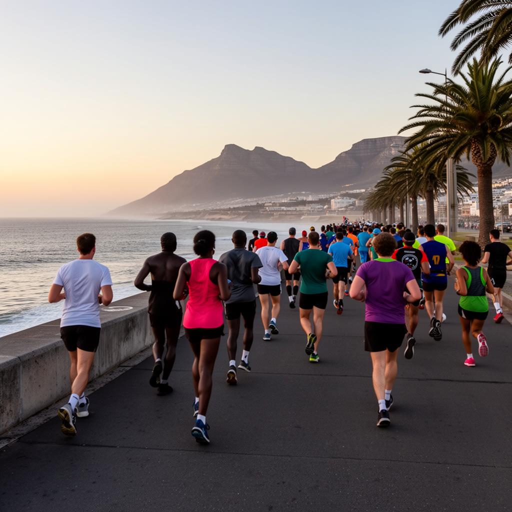Group running along the promenade