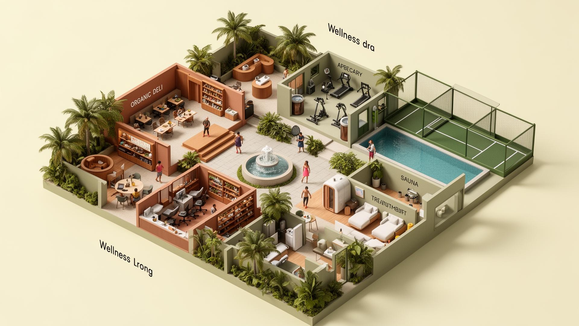 3D isometric architectural mockup of the HUEMN wellness and co-working campus
